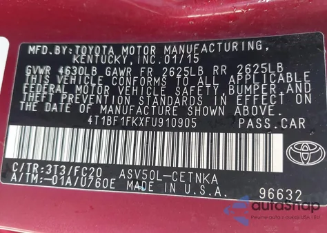 2015 Toyota Camry Le from USA, damaged, VIN 4T1BF1FKXFU910905